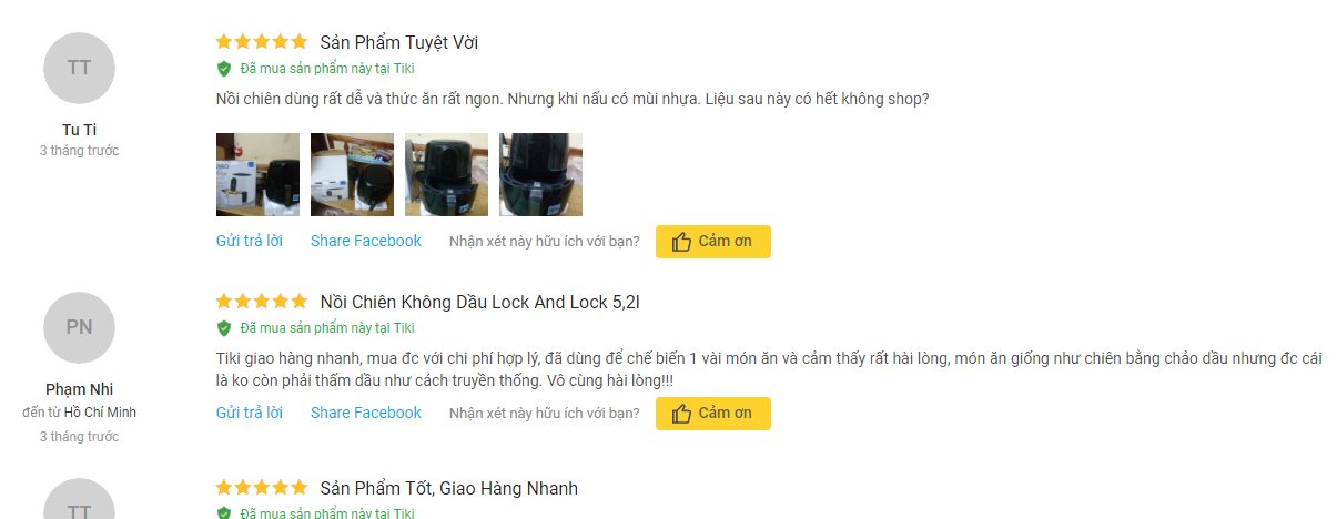 nh giá của khách hàng về nồi chiên không dầu LockLock EJF351BLK tại tiki